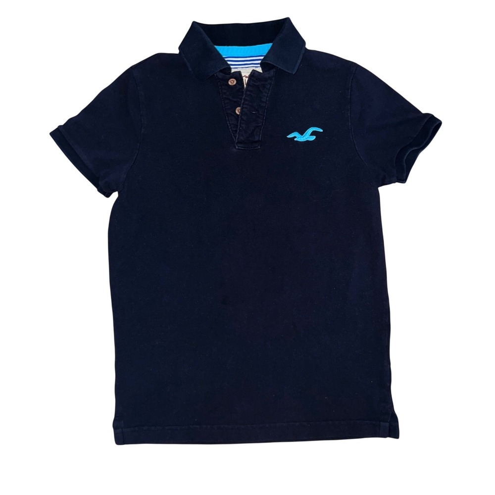 Hollister Mens Y2K Navy Blue Pique Polo Shirt Turquoise Logo Short Sleeve Size M